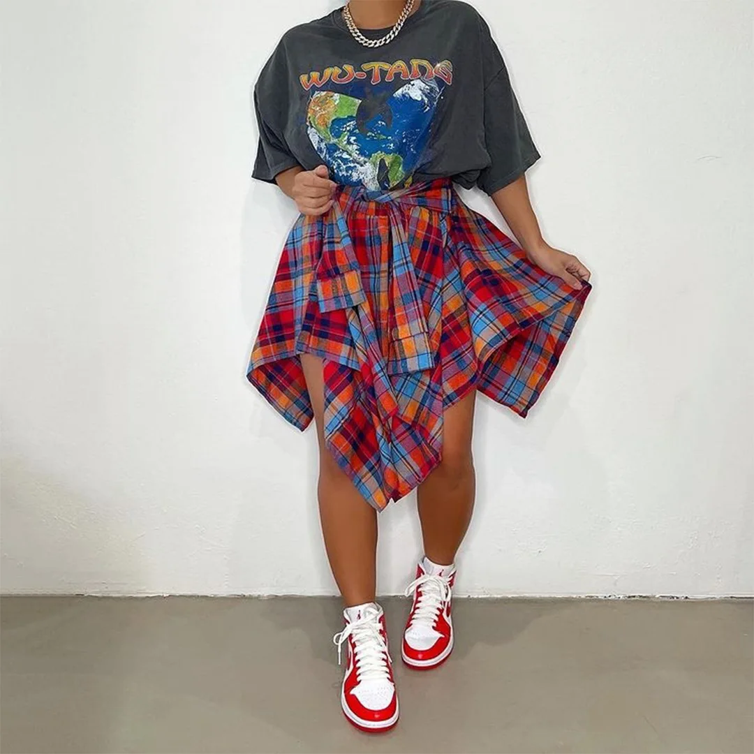 

Women Lattice Pattern Mini Skirts 2022 Summer Gothic Style Lace Up Party Skirt High Waist Irregular Skirt Lady Y2k Streetwear