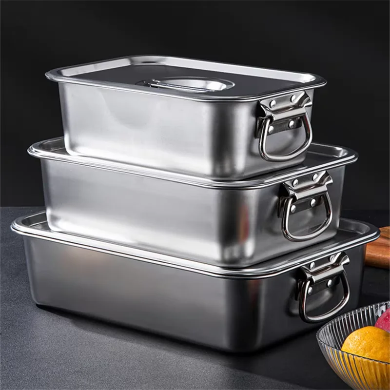 Thicken Stainless Steel Square Basin Deep Plate Fruit Food Storage Tray with Handle Cake Bread Loaf Pans Kitchen Baking Dish 4