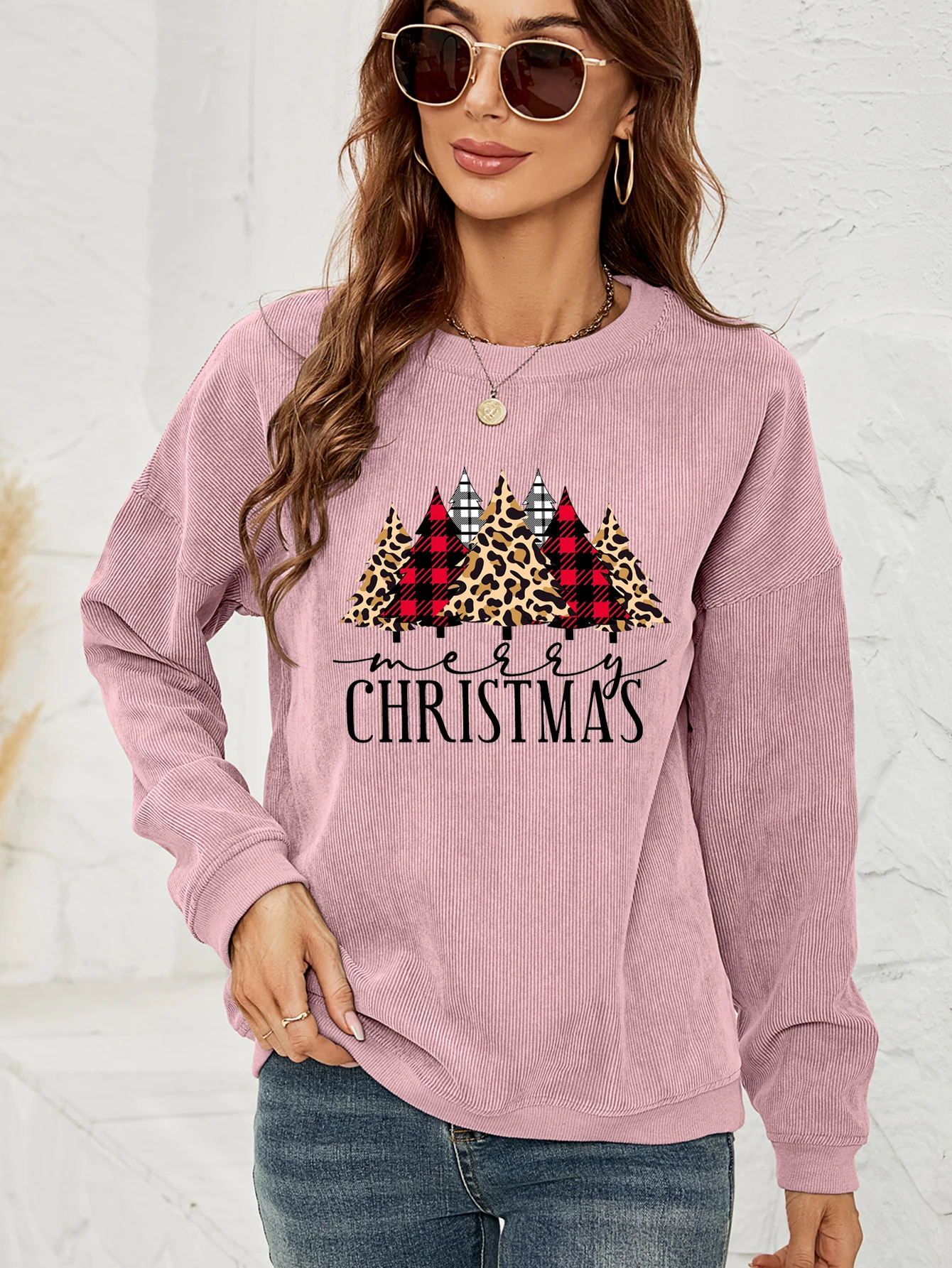 Leopard Tree 'Merry Christmas' Corduroy Crewneck Sweatshirt - AliExpress