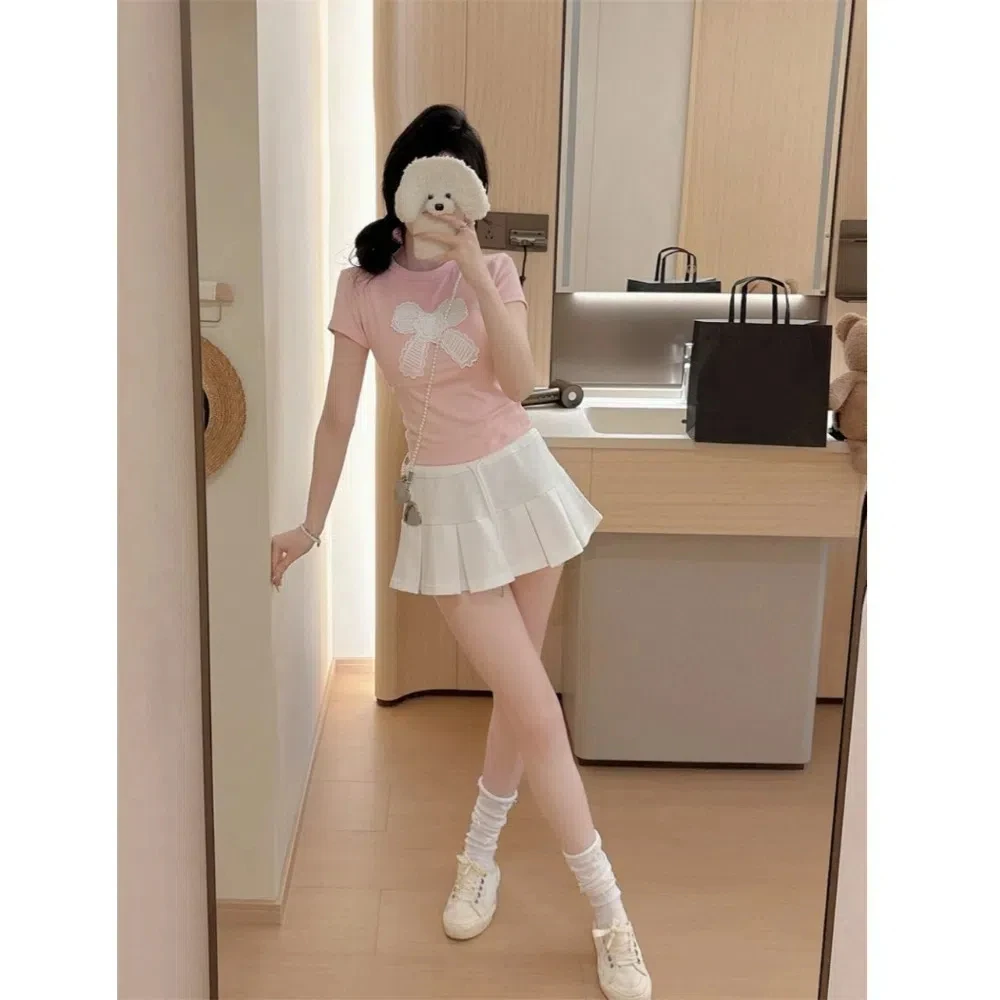 Description Picture 5 of itemIns Sweet Cotton Korean Bow T-shirts With Chest Pads Embroidered Y2K Crop Tops Bowknot Spicy Girl Short Shoulder Tops Student