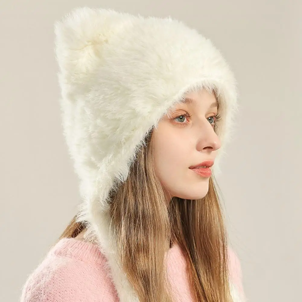 

Soft Winter Hat Lady Thick Hat Cozy Winter Hat with Faux Fur Cartoon Ear Decor Anti-slip Elastic Stay Warm Stylish Windproof