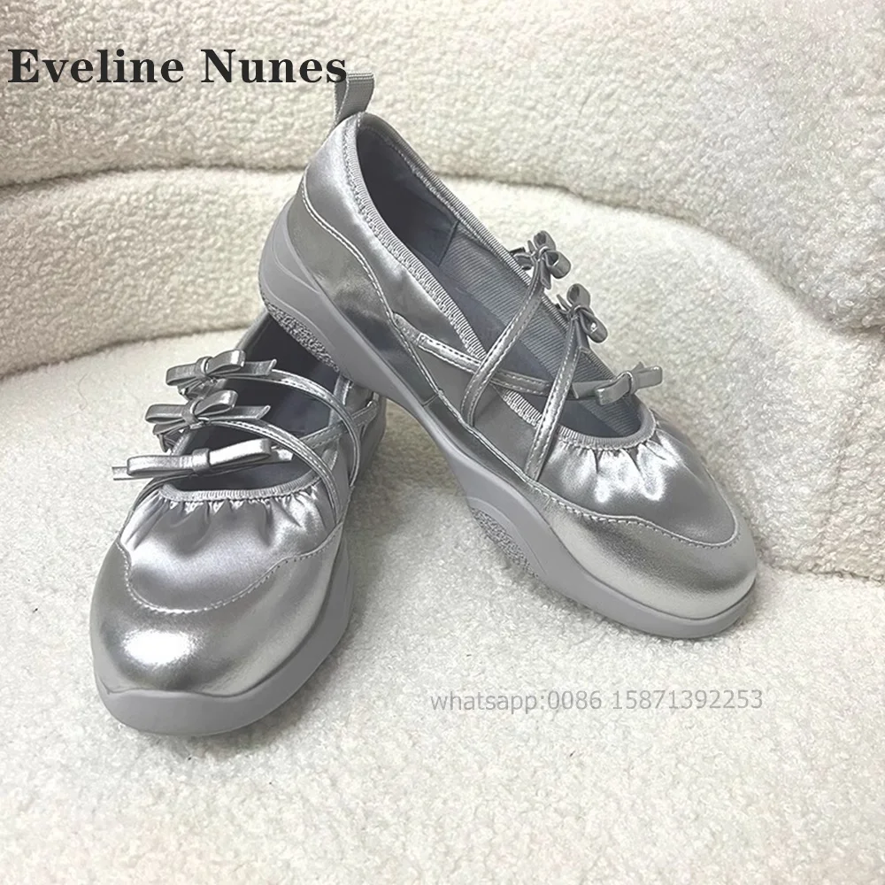 

Silvery Bowknot Narrow Band Pumps Round Toe Height Increasing Shallow Slip On Mary Janes Patchwork Satin Ballet Shoes 2024 Trend