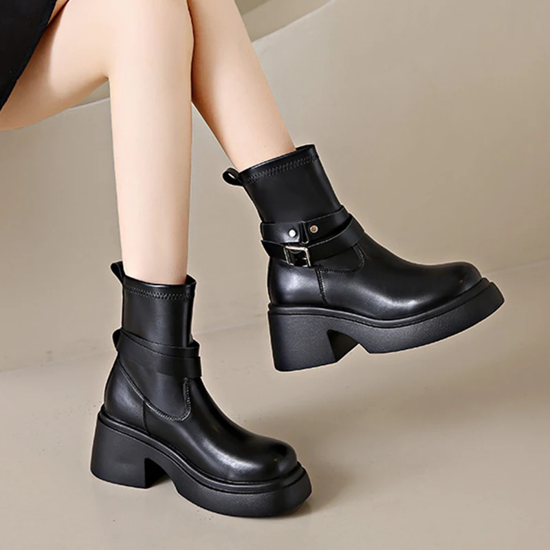 Women's Fashion Thick-soled Thick-heeled Boots For Four Seasons New Thin Section Thin Boots Mid-tube Elastic Casual Boots 35-40