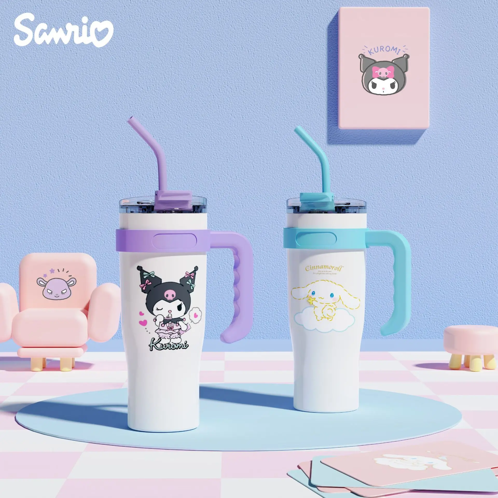 

New 1200Ml MINISO Kuromi Cinnamoroll Thermos Bottle Sippy Water Cup Vacuum Flask Stainless Steel High Capacity Insulated Mug