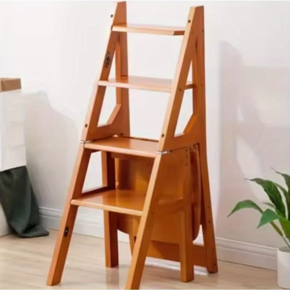 Foldable 4 Step Wooden Ladder Stool Multi-Functional Home Step Ladders Storage Shelf - Image 6
