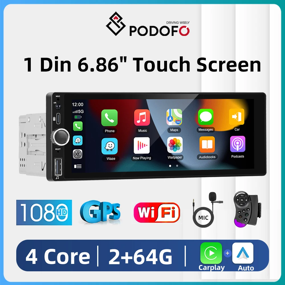 Podofo 차량용 스테레오 MP5 플레이어, 범용 무선 카플레이, 안드로이드 자동 BT FM 라디오 리시버, TF USB 1Din 모니터, 6.86 인치 