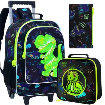 3PCS Rolling Backpack for Boys, Kids Dinosaur Backpacks with Roller Wheels, Wheeled Bookbag with Lunch Box for Toddler Elementar 1