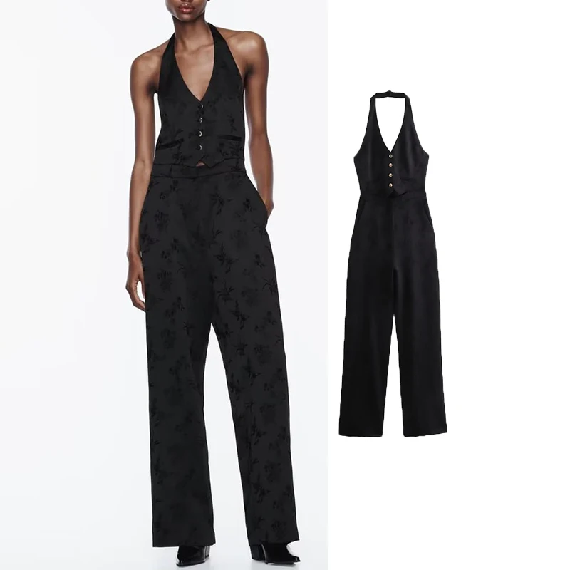 

TRAF Jacquard Long Jumpsuits For Women 2023 Black Wide Leg Jumpsuit Woman Off Shoulder Elegant Woman Party Jumpsuit Overalls