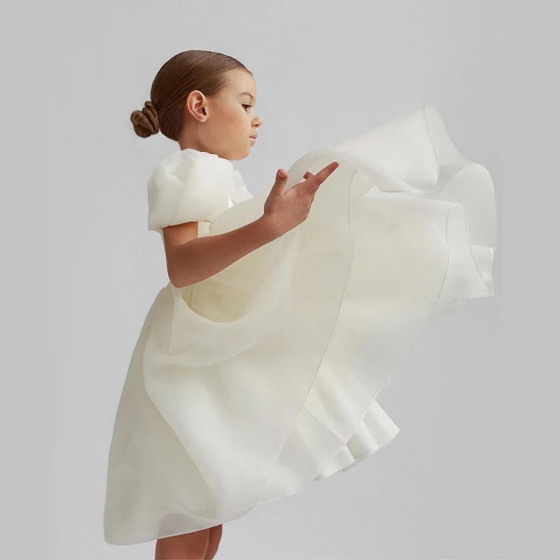 Girls Dress Princess Costume Kids Clothes Flower Girls White Dresses for Wedding Backless Elegant Kids Birthday Party Gala Dress Puff Sleeve Children Communion Costume