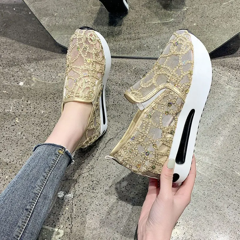 

New Single Shoes Women Summer Shallow Loafers Female Korean Lace Mesh Breathable Casual High Heels Lady Elevated Wedges Sneakers