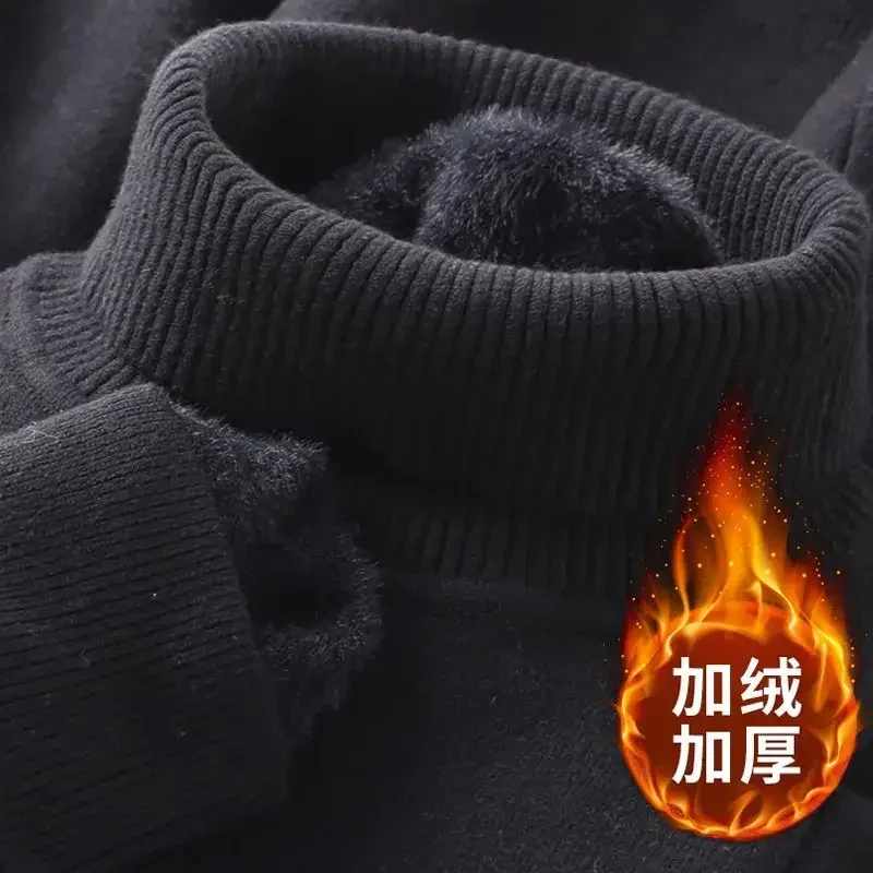 Autumn Winter Men's Turtleneck Sweater Knitted Velvet Warm Long Sleeve Pullover Outdoor Cold-proof Casual Blouse Base Sweater 4