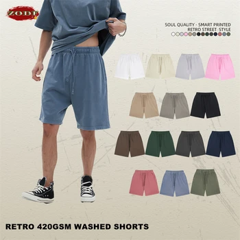 ZODF Fashion Summer Men 420gsm Washed Cotton Shorts Retro Unisex High Street Terry Knee Length Short Pants Streetwears HY0845 1