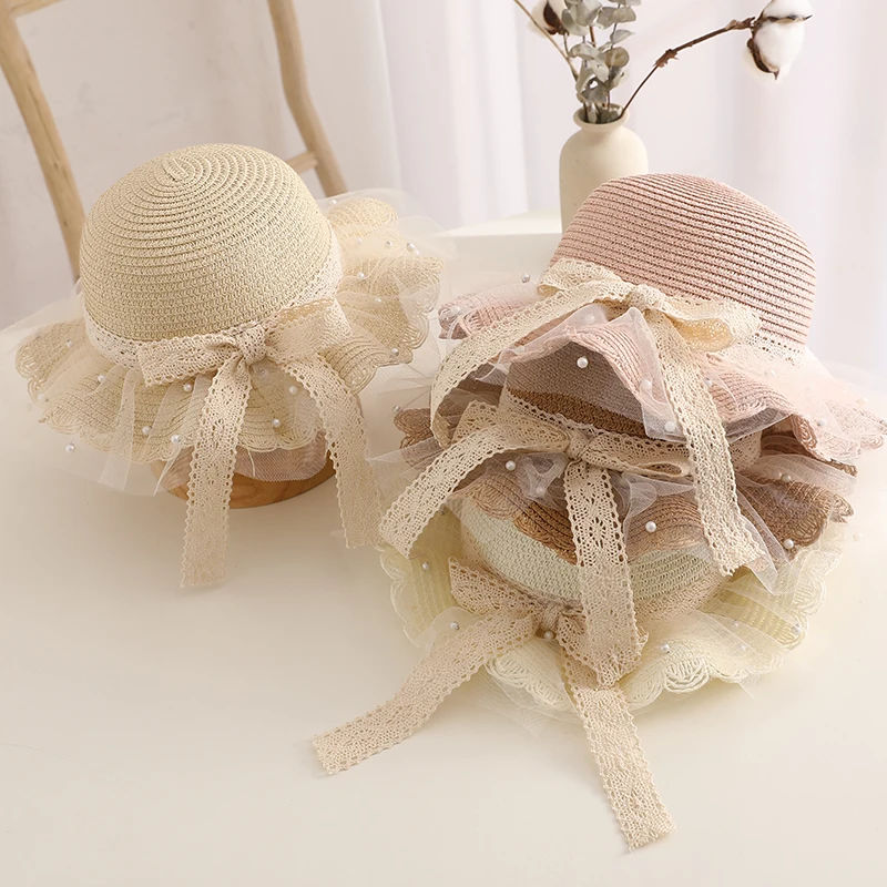 Child Straw Hat Shoulder Bag Set Kids Hats Summer Girl Cute Sweet Lace Bow Beach Hat Travel Anti-UV Breathable Sun Cap
