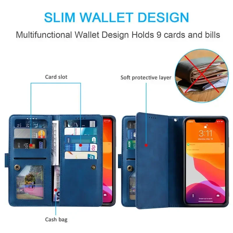 Zipper Wallet Case For Oneplus 12 11 10T 10R 5G Multi 9-Card Slot Leather Flip Cover One Plus 11R 9R 9 R 10 Pro 12 10T 10R Funda