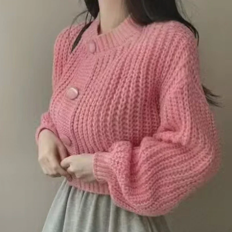 Autumn and Winter New Sweet Round Neck Single-breasted Women's Sweater Cardigan Long-sleeved Casual Top Fashion Women's Clothing