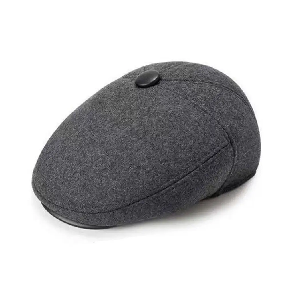 Thick Warm Winter Caps For Men Solid Black Grey Flat Cap Male Autumn Winter Beret Hat With Ear Flaps Dad Grandfather Beret Caps