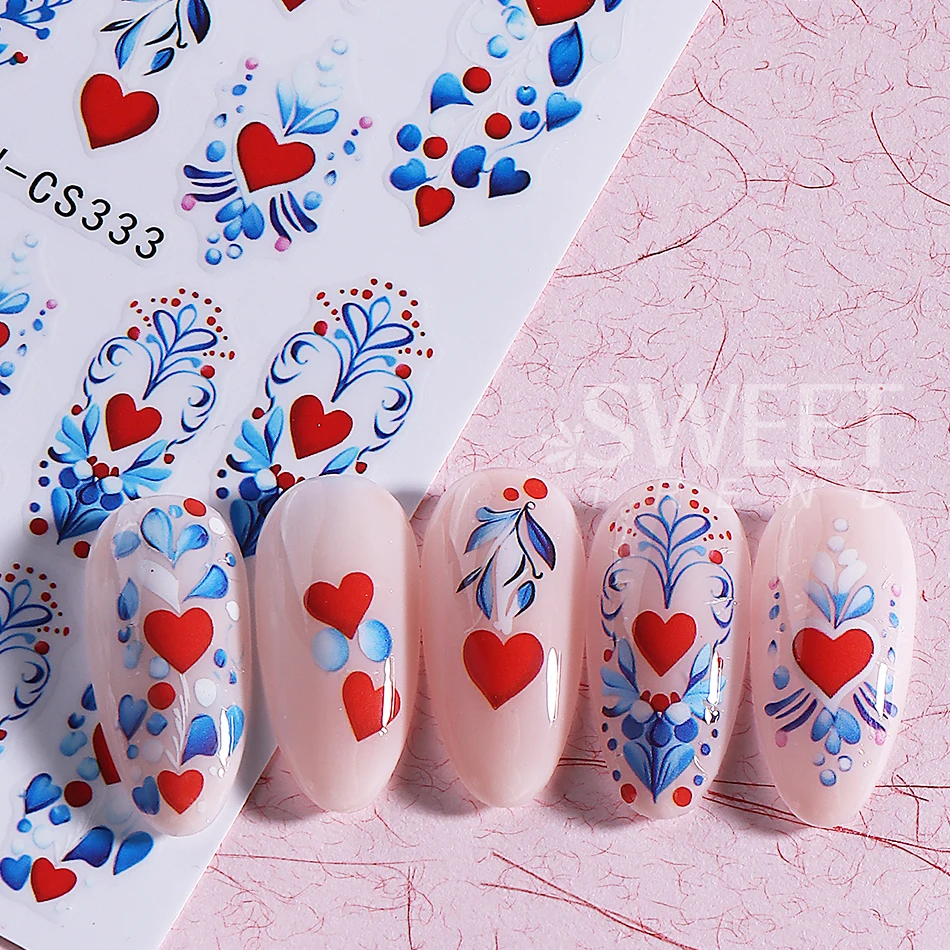 3pcs Bohemian Heart Nail Art Stickers Valentine's Red Love Heart Petals Simple Line Nail Decals DIY Manicure Decoration Sliders