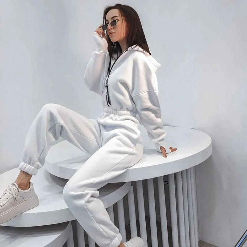 Winter Hoodie Jumpsuit Elegant Women Outfits High Waist Long Sweatshirt Sweatpant Zipper Up Tracksuit Female Fall Clothing men s rompers animal crane fun streetwear full body custom jumpsuit oversized women clothes zipper tracksuit dropship wholesale