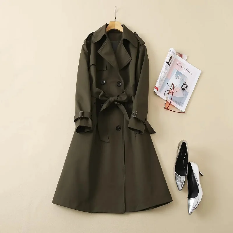 

Top Quality New 2022 Autumn Winter Long Coat Trench Women Turn-down Collar Double Breasted Adjustable Belt Army Green Overcoats