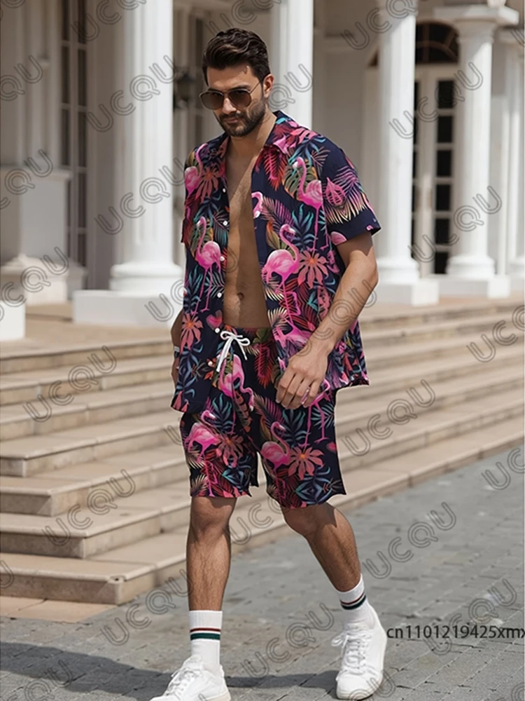 Summer Hawaiian Men's Shirt Suit Flamingo & Leaf Print Lapel Short Sleeve Shirt+Shorts Sets Beach Vacation Casual 2 Piece Outfit