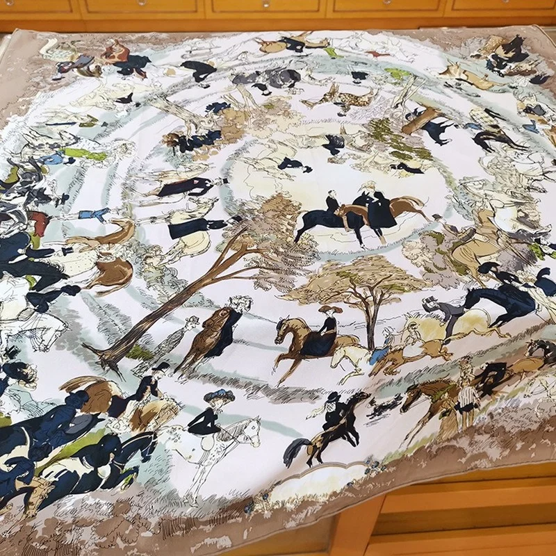 

High-end Elegant Women's Exquisite Horse Fair Print Quality Twill Sand Washed Silk Hand-rolled Edge Versatile Square Scarf Shawl