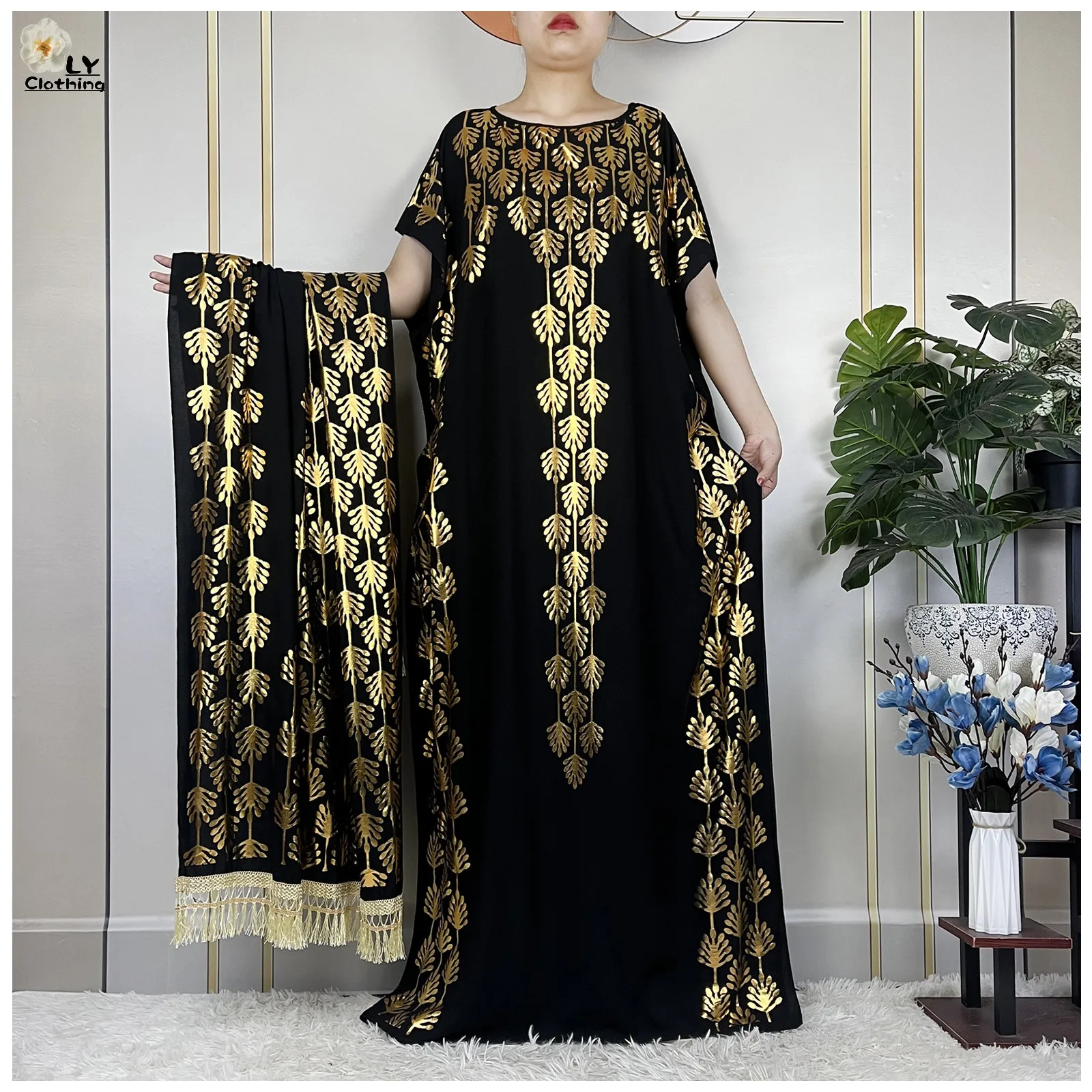 

2023 New Summer Loose Short Sleeve Cotton Robe Gold Stamping Boubou Maxi Islam Femme Dress With Big Scarf African Abaya Clothes