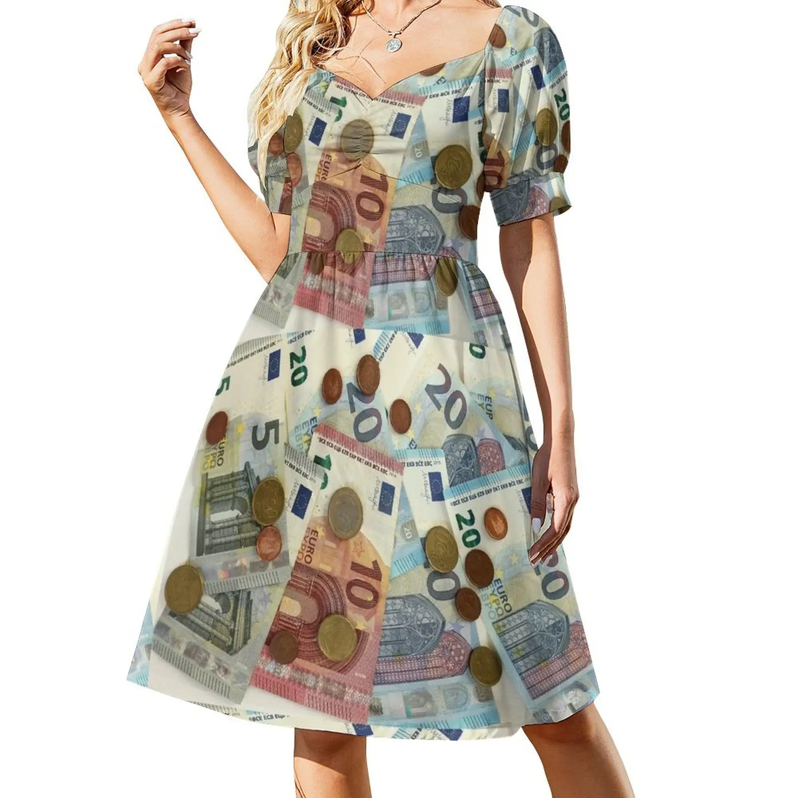 thumbnail image 1 of Vestido de manga corta con billetes y monedas de euro, vestido de verano para mujer, vestidos para ocasiones oficiales, 1 of 7