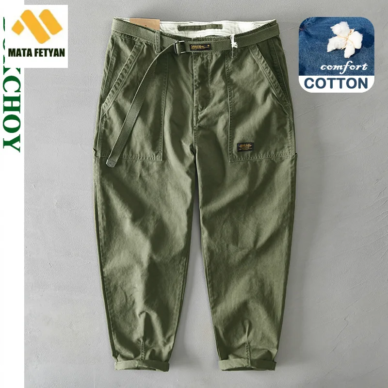 

Autumn Winter New Pure Cotton Men Cargo Pants Korean Style Male Casual Loose Belt Mid Waist Slim Fit Pencil Trouser GAZ329 Z378