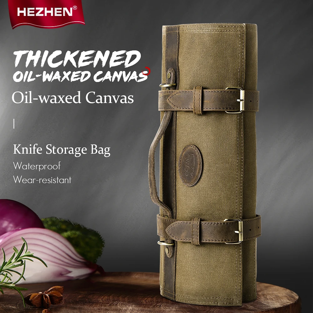 HEZHEN Knife Roll Bag Oil Wax Canvas Crazy Horse Leather Kitchen