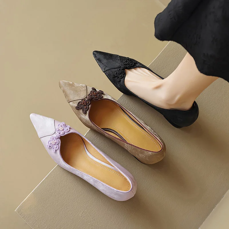 

Phoentin elegant pointed toe mid heels shoes 2024 new ethnic genuine leather pumps elegant women party shoes purple black FT3458