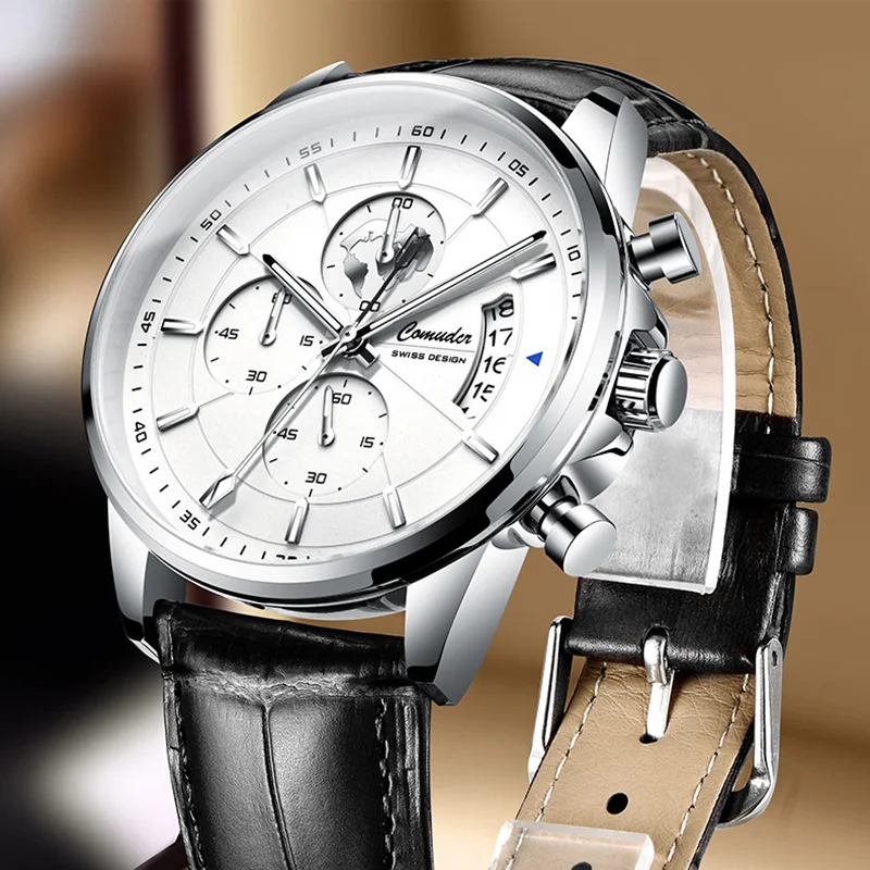 

Fashion Original Men's Business Quartz Watch Automatic Movement Three Eyes Large Dial Leather Strap Student Sports Wristwatch