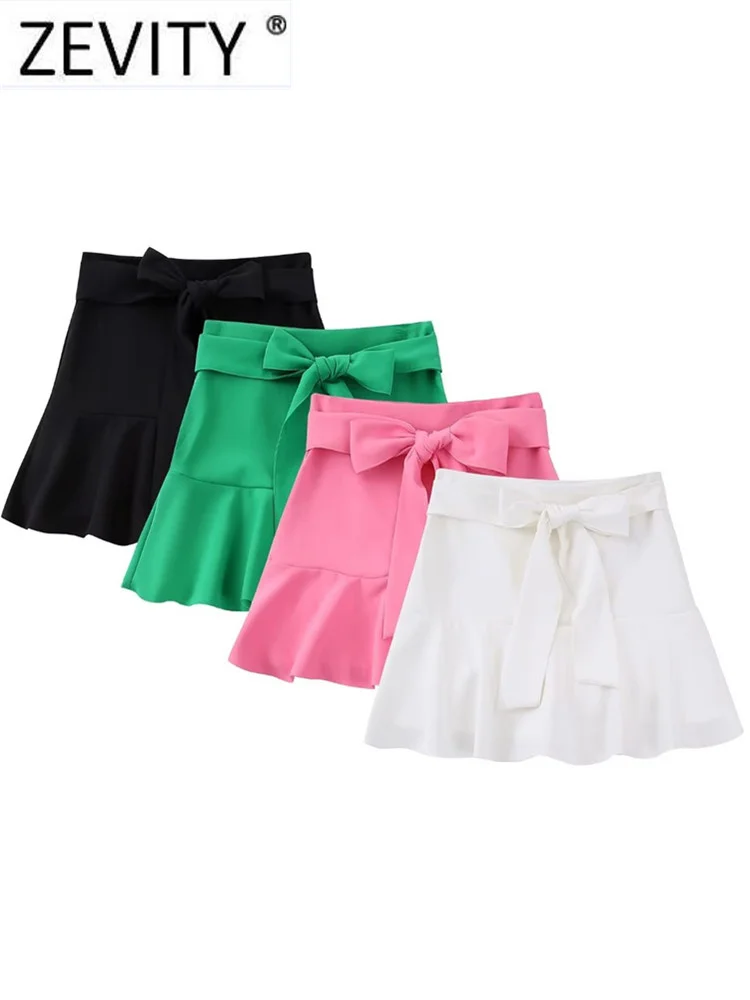 

ZEVITY Women Fashion Bow Sashes Colors Hem Ruffles Casual Shorts Skirts Lady Zipper Fly Hot Shorts Chic Pantalone Cortos QUN3136