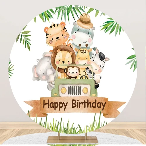 Laeacco 정글 사파리 원형 사진 배경, 만화 동물, 어린이 생일 파티, 베이비 샤워 서클 사진 배경 커버 3