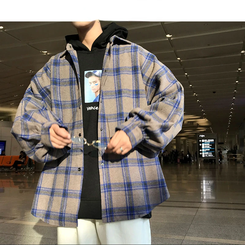 Commute  Men Harajuku Color Block Plaid Shirt 2022 Man Streetwear Fleece Shirts Long Sleeve Male Vintage Korean Fashions Clothes