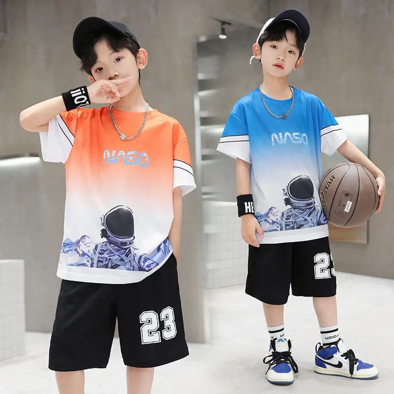 Boys Basketball Suit Sports Outfit Short Sleeves Round Neck Tops & Bottoms  Breathable For Summer Kids Clothes