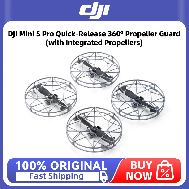 Protection hélices DJI Mini 5 Pro clip rapide 360° installée, vue latérale du drone