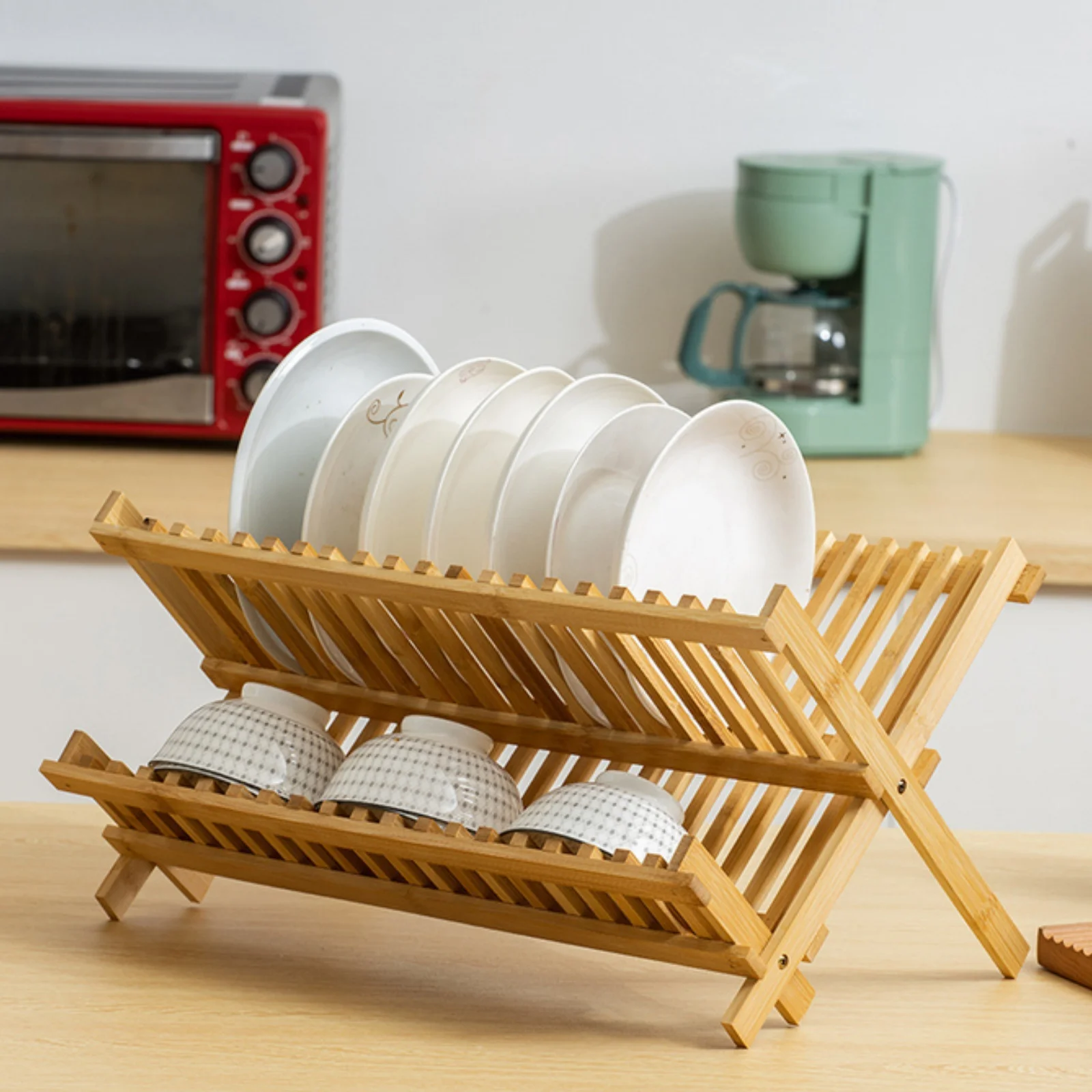 Foldable dish drainer - Bamboo dish drainer - Dish drying rack - Dish dryer - Dish drainer (1 piece - 42 x 35 x 26 cm)