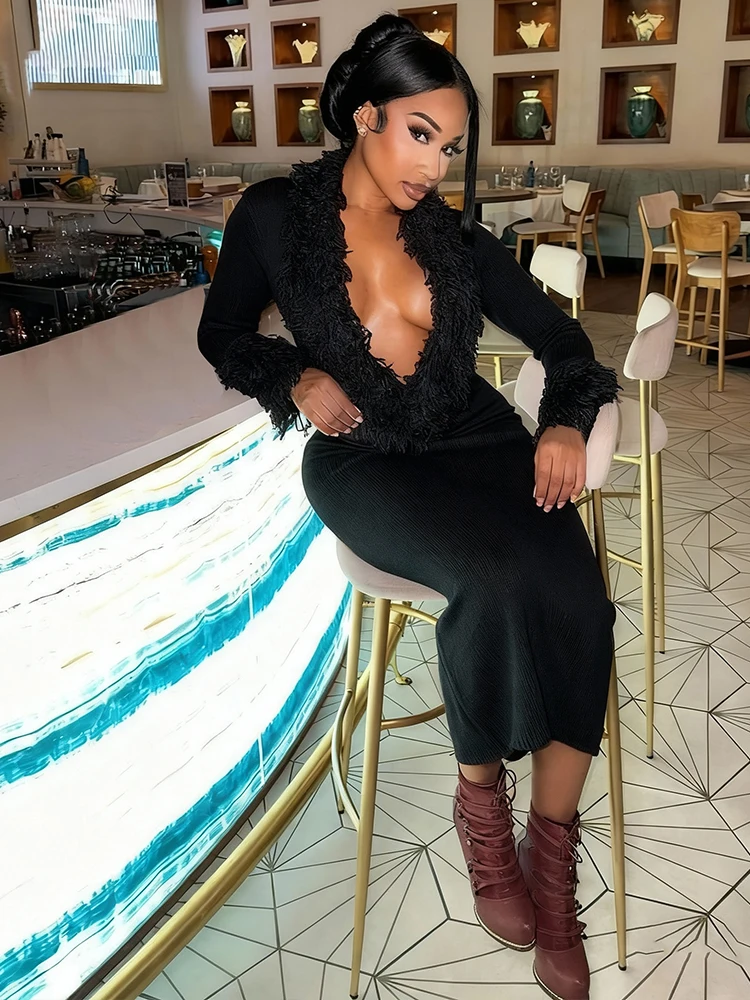 Nibber  Full Sleeve Fashion Furry Tassel Maxi Dresses Woman Crochet Low-Neck Elegant Skinny High Waist Street Classic Vestidos