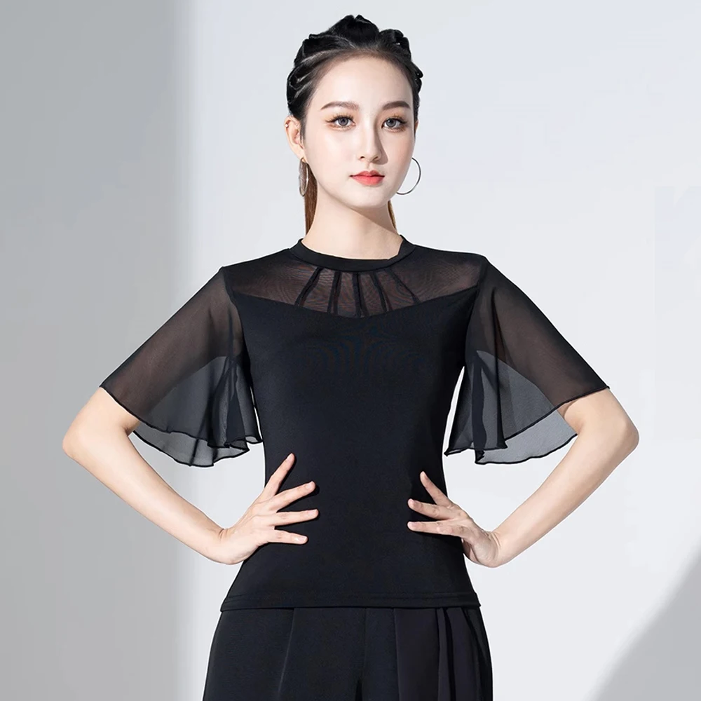 

Black Latin Dance Tops Ballroom Waltz Dance Clothes Standard Dance Stage Wear Pagoda Sleeve Mesh Top Female Dance Suit AMY276