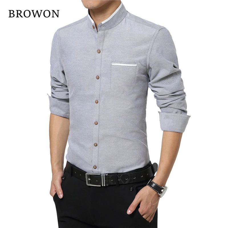 Men Casual Shirts Long Sleeve Mandarin Collar Slim Fit Men Korean Business