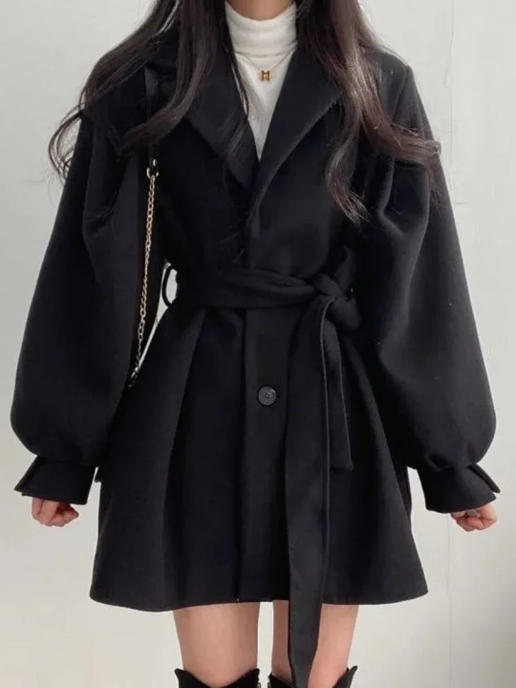 

Coats for Women Autumn Winter Korean Suit Collar Jacket Coat Solid Color Thickening Loose Lace Woolen Jacket Wool Coat Women