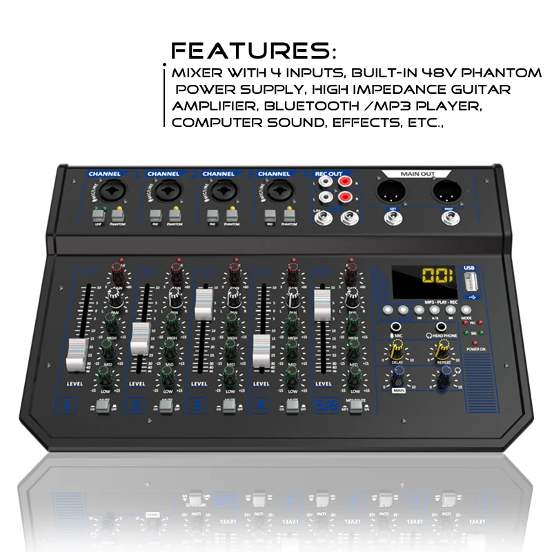 DSP reverb computer recording sound card 6-channel professional mixing console, suitable for home, outdoor, stage, and computer