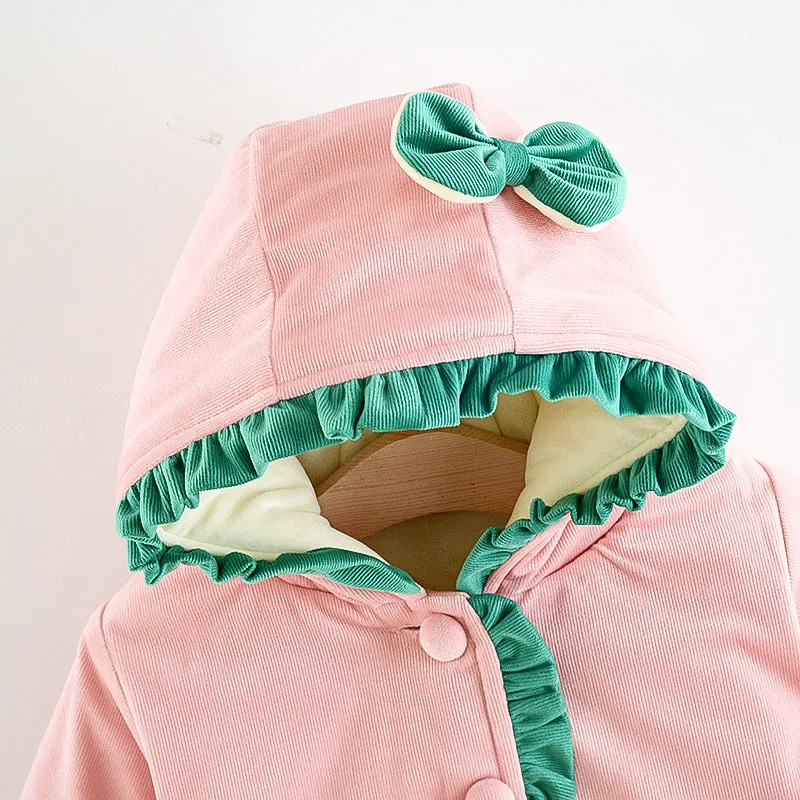 0 To 4 Y Kids Costume Baby Winter Coat Solid Color Bow Cotton Clothes Warm Windproof Hooded Toddler Children Jacket For Girls