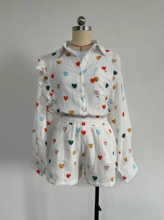 Summer New Ruffle Edge Love Printed Shirt Wide Leg Shorts Casual Set Sweet and Elegant Home Clothing Set for Women