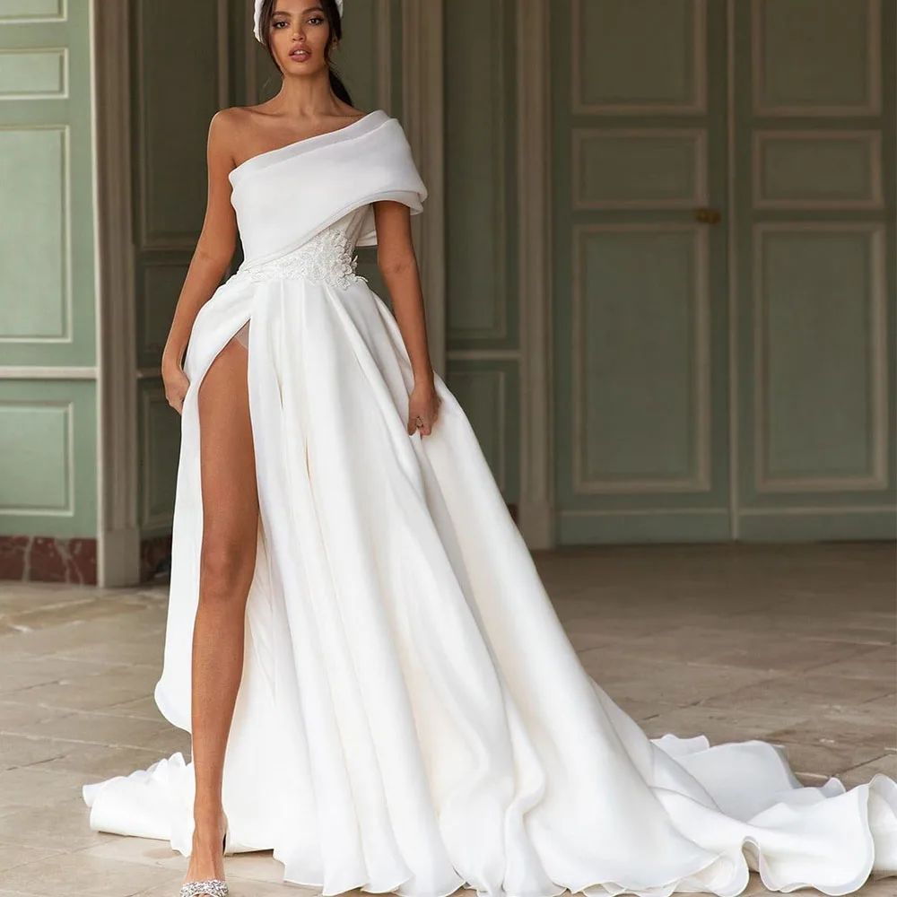 

Romantic Wedding Dresses for Woman One Shoulder A-line Sexy Backless Bow Court Train Bride Gown Свадебное платье فستان الزفاف