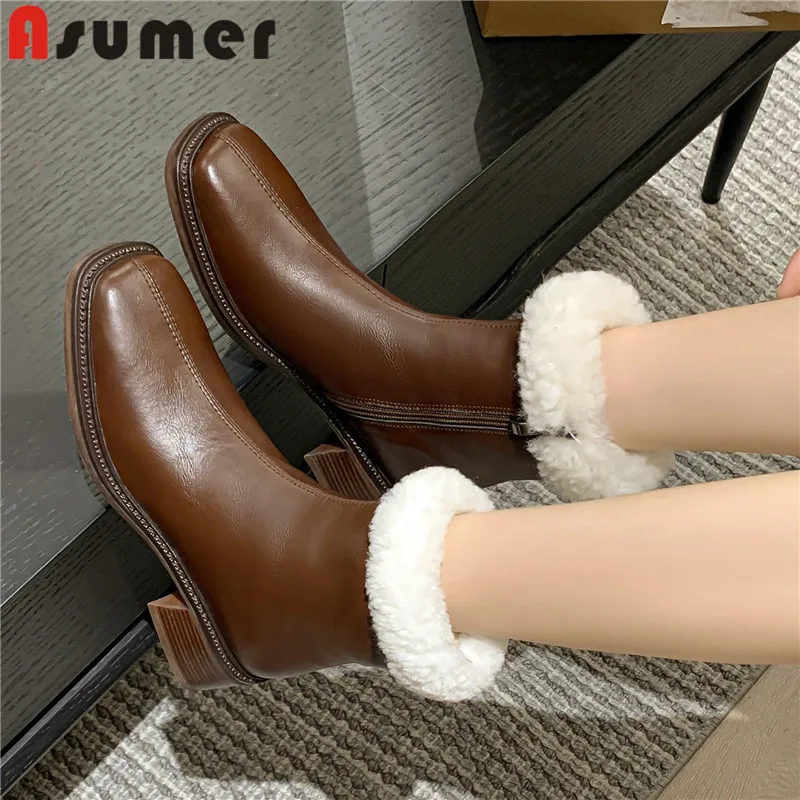 

ASUMER 2024 New Platform Thick Plush Winter Boots Woman Fashion Genuine Leather Snow Boots Zipper Ladies Ankle Boots