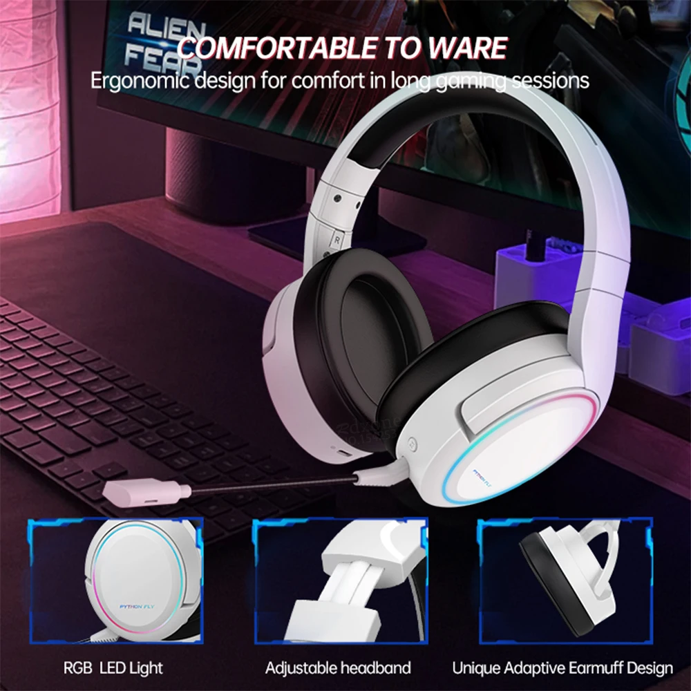 2.4G Wireless Gaming Headset 50mm Unit Bluetooth Wireless Headphones For Notebook desktop computer PS5 with RGB Detachable Mic