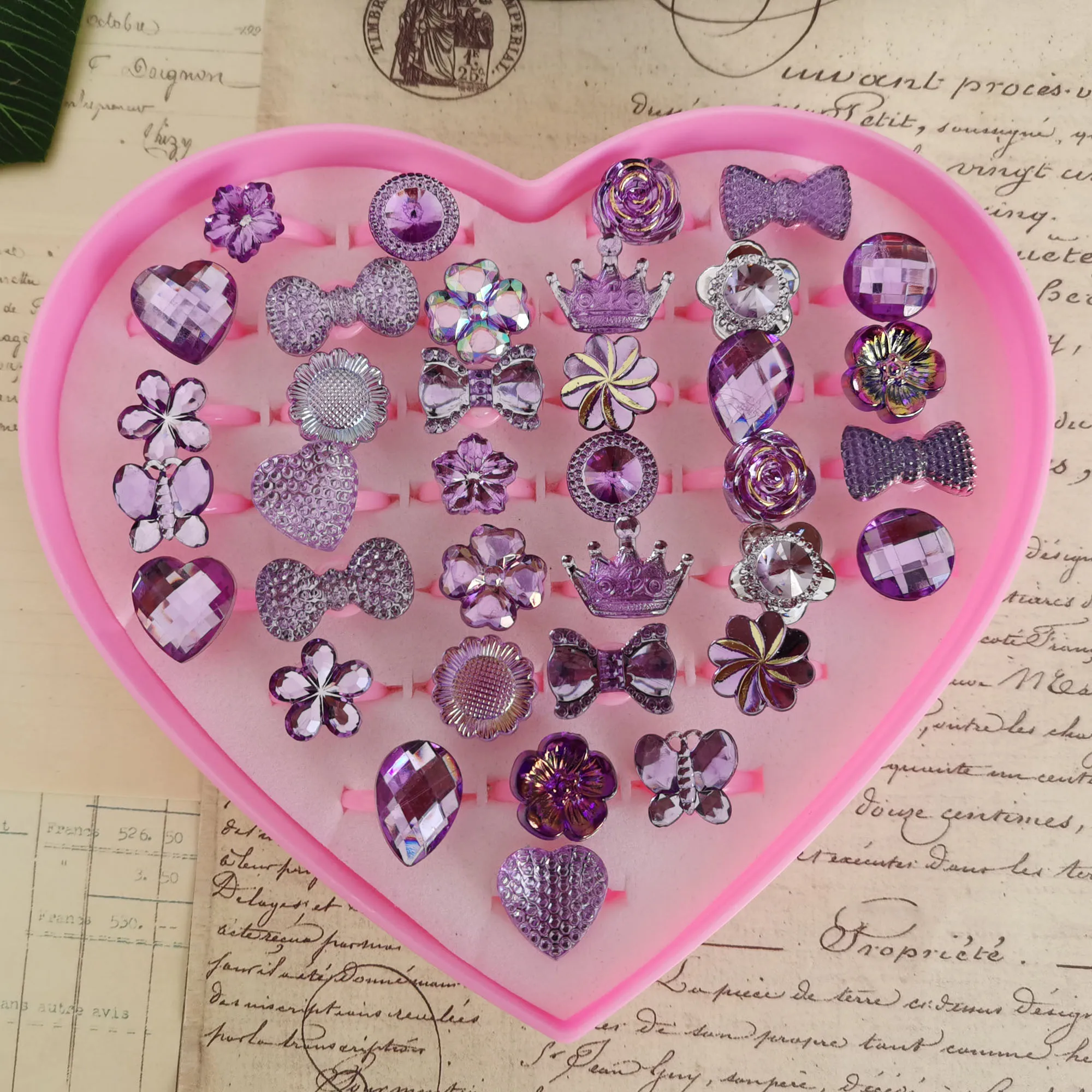 5/12/36Pcs/Lot Children's Cartoon Bow Heart Rings Jelly Color Finger Ring Kid Baby Girl Resin Jewelry Charm Gift Wholesal