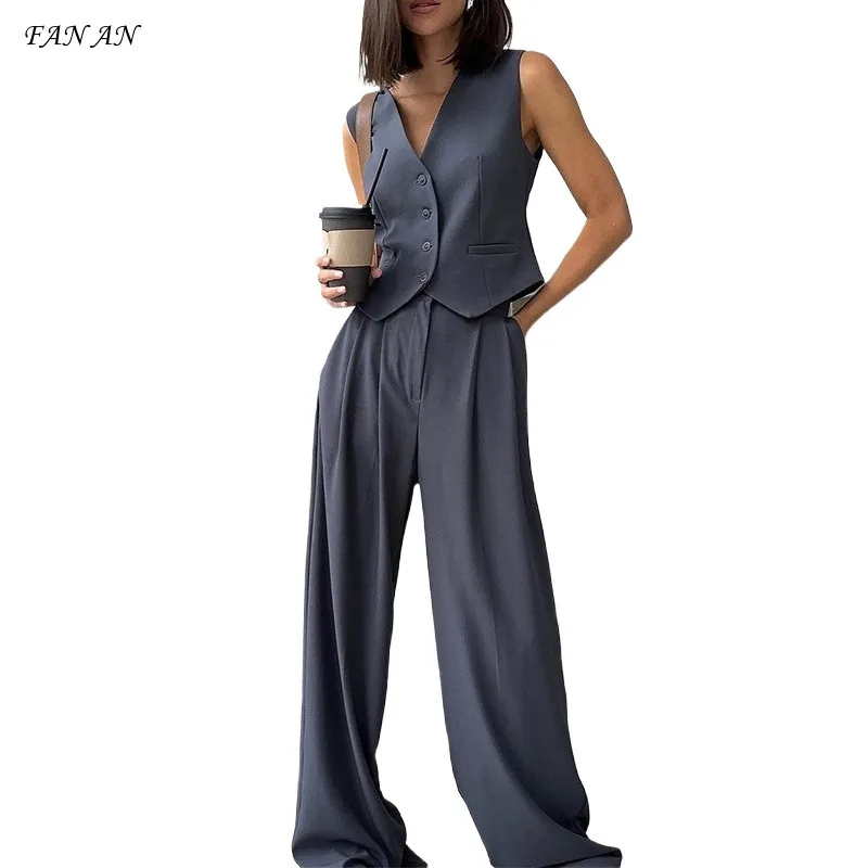 New Autumn Women's Solid  Color V-neck Sleeveless Vest Top Hanging Wide Leg Trousers Commuter Casual Ladies Two-piece Suit