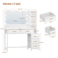 Туалетный столик с большим зеркалом, Туалетный столик с 5 ящиками, 5 открытых отделений, место для хранения перед зеркалом, белый — изображение 6
